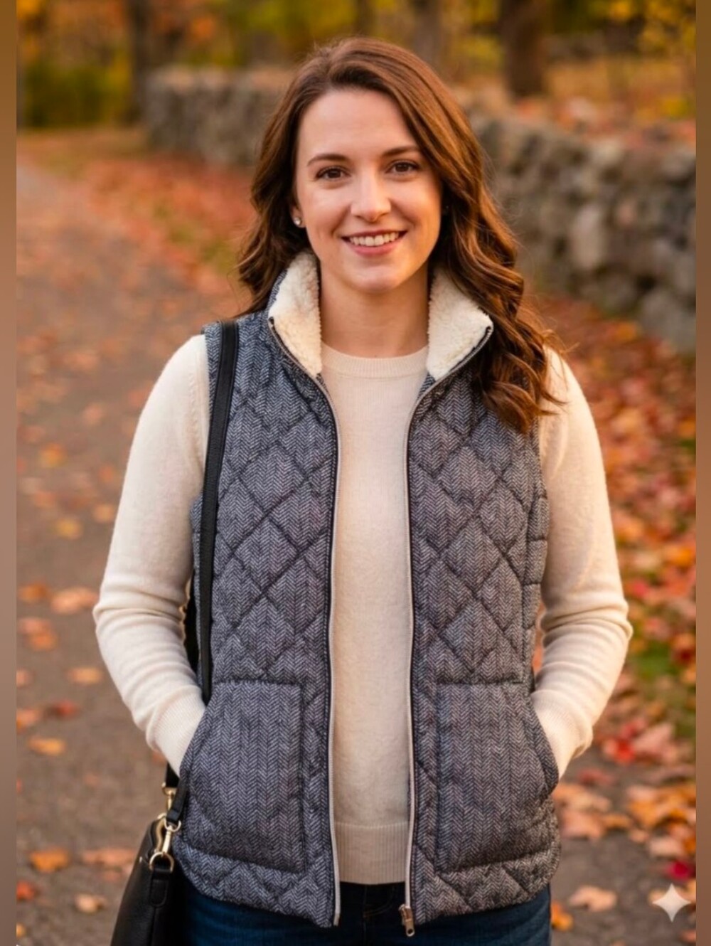 SO Sherpa-Lined Vest Black White Herringbone Printed Size Medium NWOT